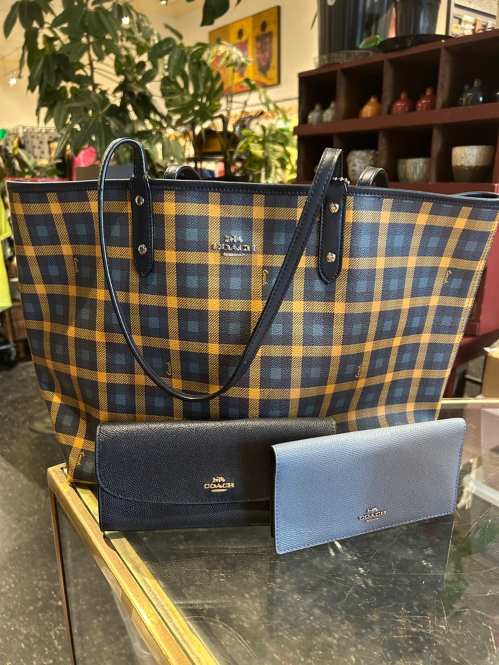 Coach Mustard Gingham Plaid Reversible City Tote Set